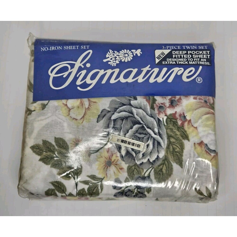 Vtg Signature 3-Piece Twin Size Sheet Set Blue & Green Floral Polyester/Cotton